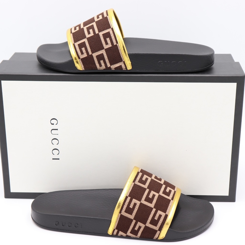 GUCCI Pursuit GG Knit Brown Gold Slide Sandals - Picture 2 of 8